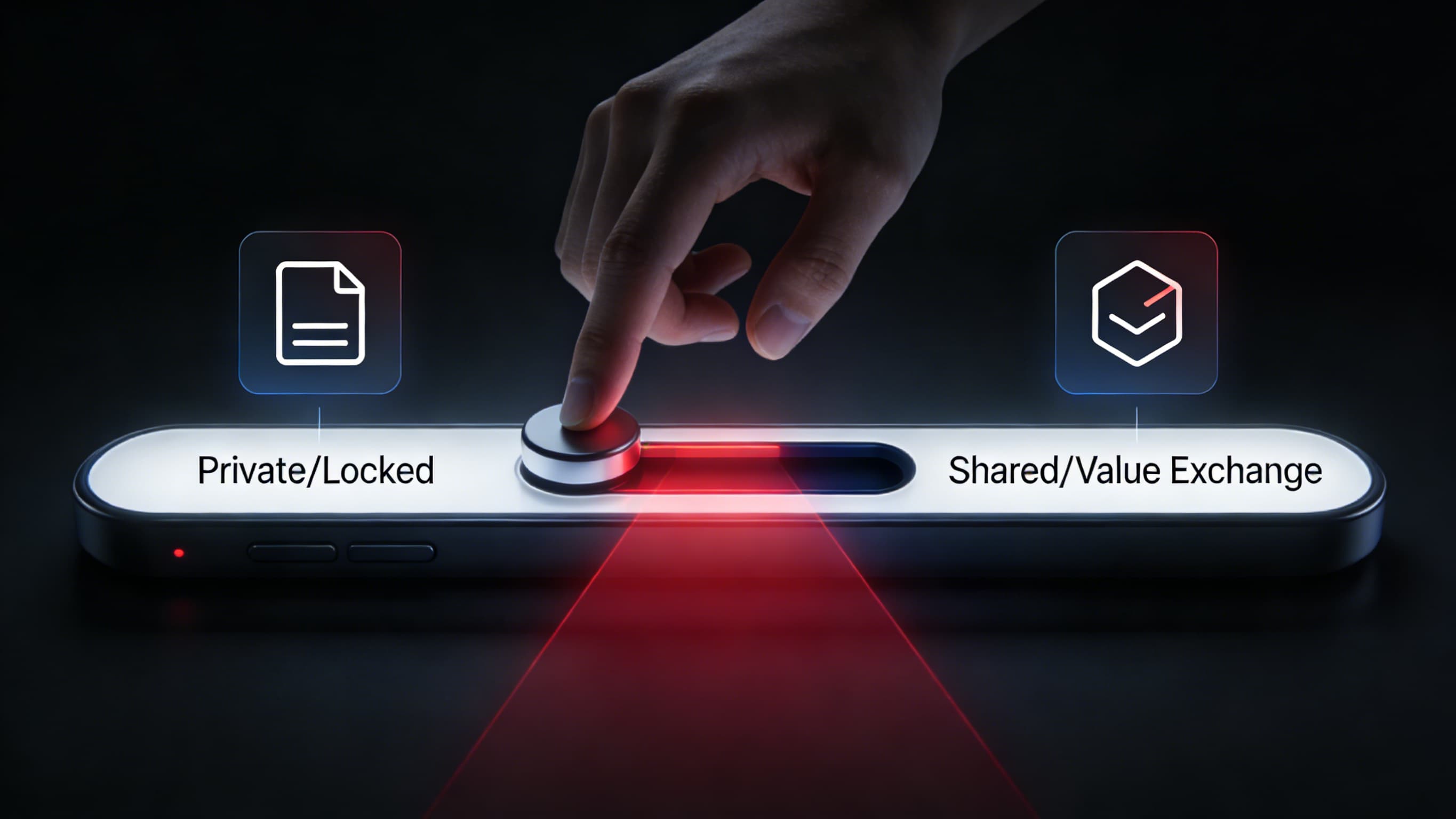 未来的なUIで、ユーザーがトグルスイッチを「Locked」からブランドへの「Shared」に切り替え、見返りとして光り輝く「Value Token」を受け取る様子。