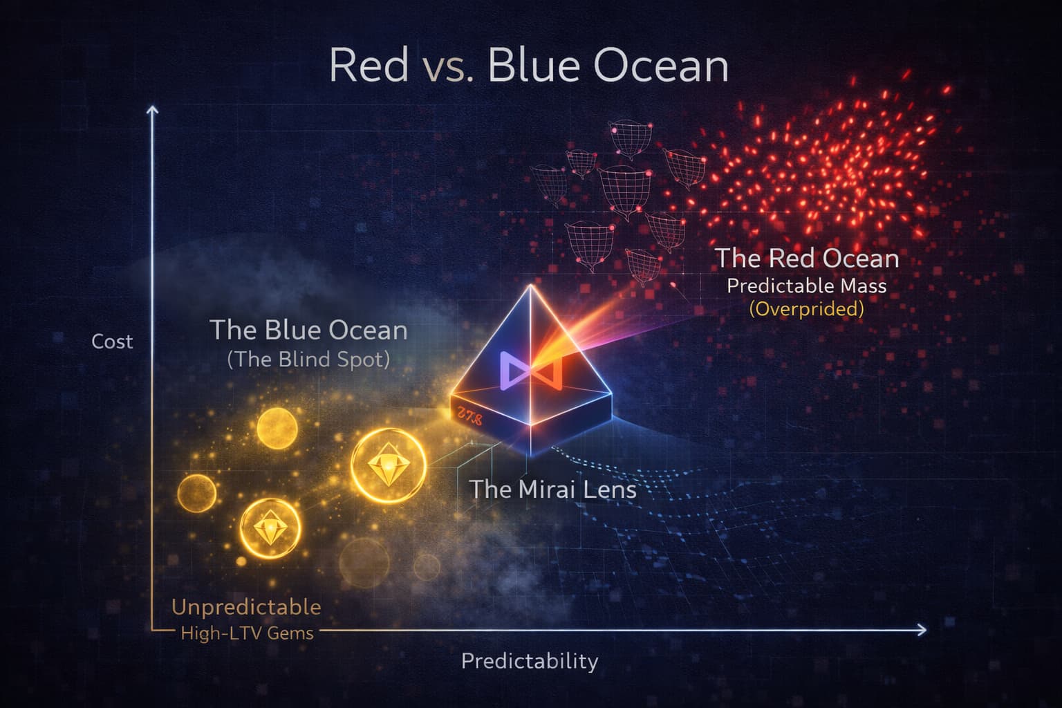 「予測可能性(価格)」と「真の価値(LTV)」の相関図。プラットフォームのAIが過大評価している「予測しやすい層」と、安値で放置されている「予測不能な高価値層」のギャップを可視化。