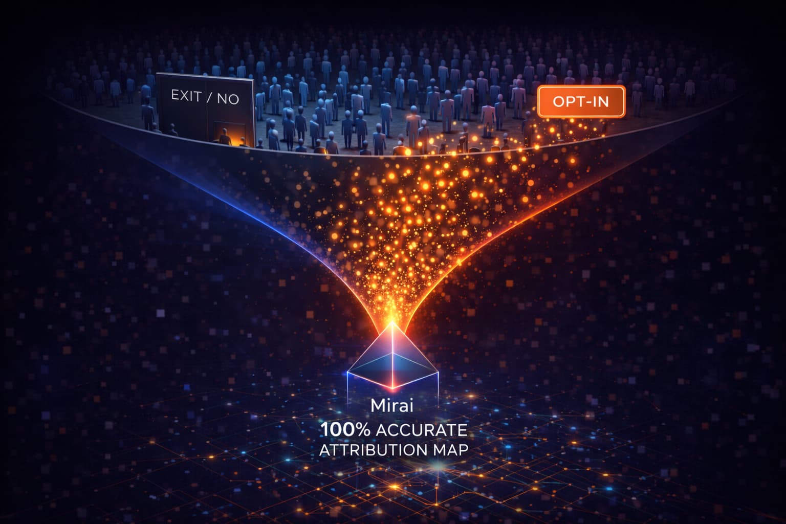 「同意の漏斗」のグラフィック。明確な「退出/拒否」の選択肢があることで、残った「同意」ユーザーが非常に質の高い（金色の）データポイントに変わるプロセスを可視化。