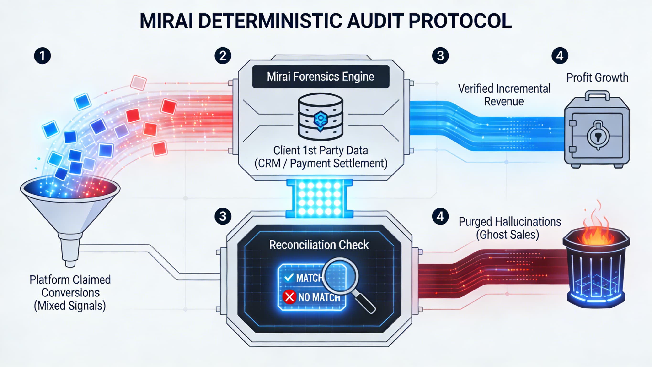 Miraiの確定データ照合プロセスを示すテクニカル・ダイアグラム。プラットフォームの信号を実際のCRM決済データと1対1で突き合わせ、捏造された「ゴースト成果」を除外する仕組みを表現。
