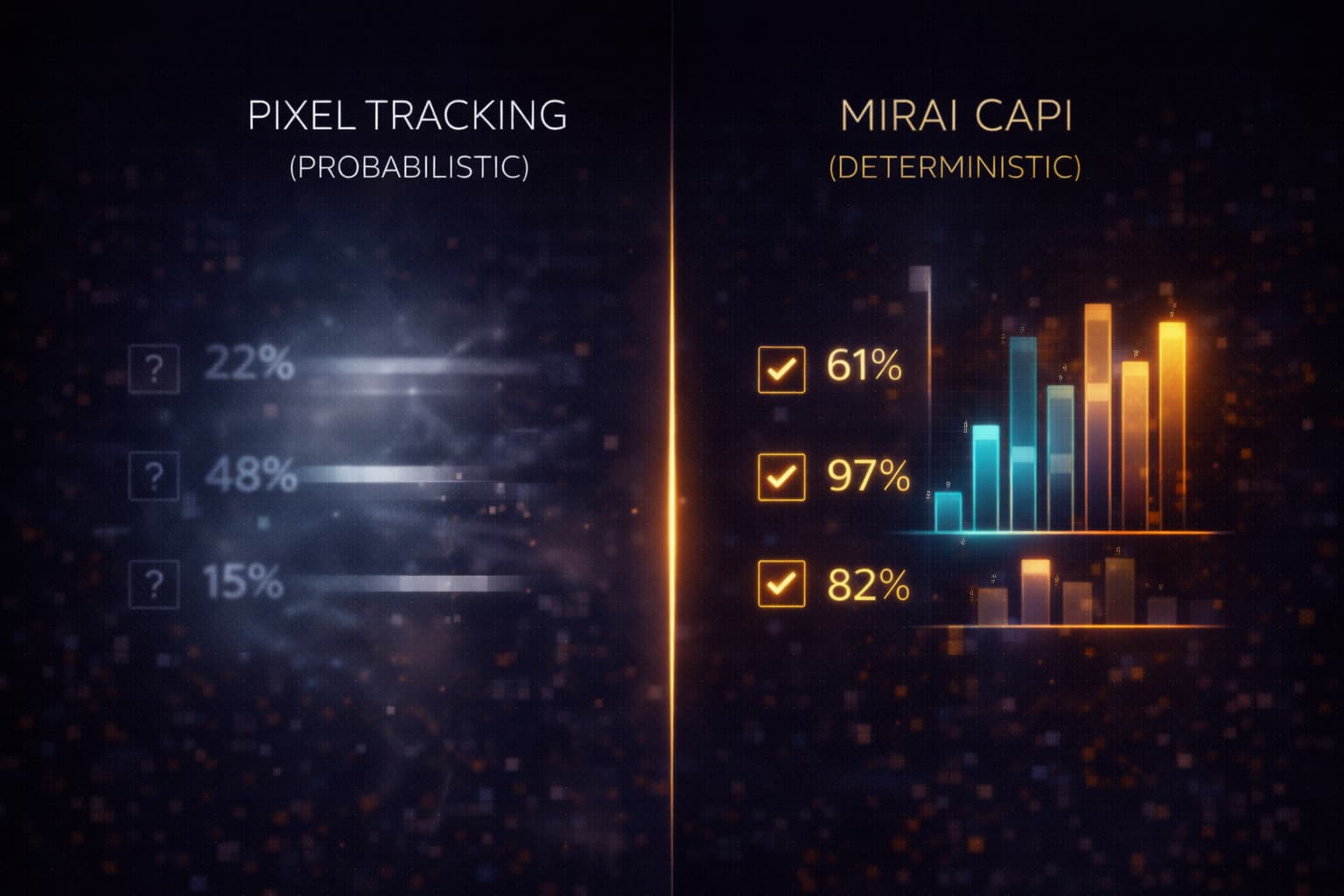 「確率論的な推測（Pixel）」と「決定論的な事実（CAPI）」の対比インフォグラフィック。霧に包まれた不確かなPixel計測に対し、MiraiのCAPIが提供する、検証済みでシャープな確定データと高精度なROIの差を可視化。