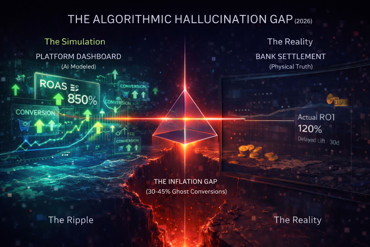 広告管理画面の「ハルシネーション（輝くグラフと架空の成果）」と、銀行の「現実（実際の入金記録）」を対比したインフォグラフィック。Miraiのレンズを通すことで、プラットフォームの推測データによる解離を可視化。