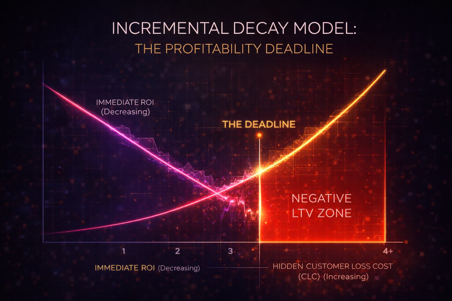 「インクリメンタル・デケイ・モデル」。短期的な売上（ROI）と長期的な顧客喪失コスト（CLC）を対比させ、真の収益性がマイナスに転じる「デッドライン」を証明するグラフ。