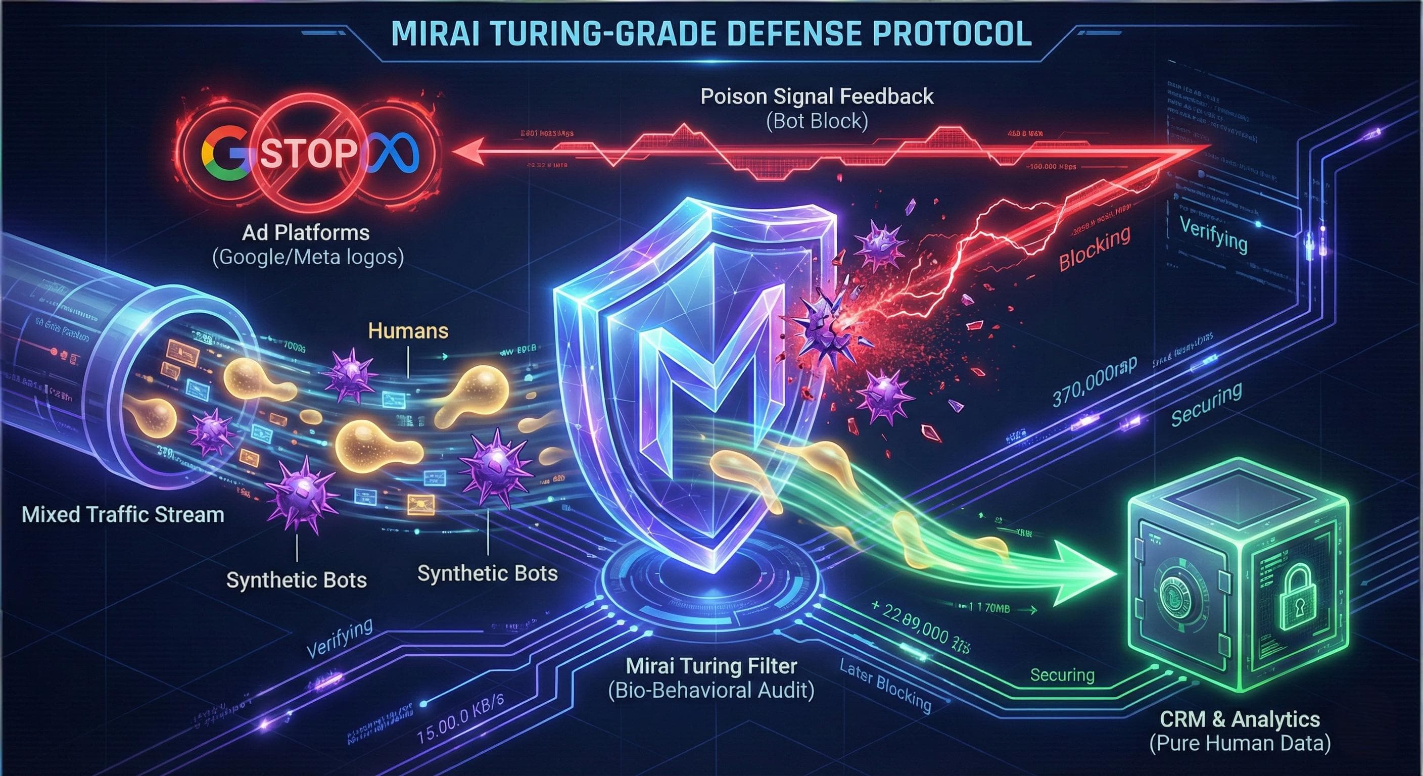 Miraiの「チューリング・アトリビューション」が合成トラフィックを遮断する仕組み。非人間的なシグナルを検知し、広告プラットフォームに送り返すことで無駄な配信を停止させるプロセス。