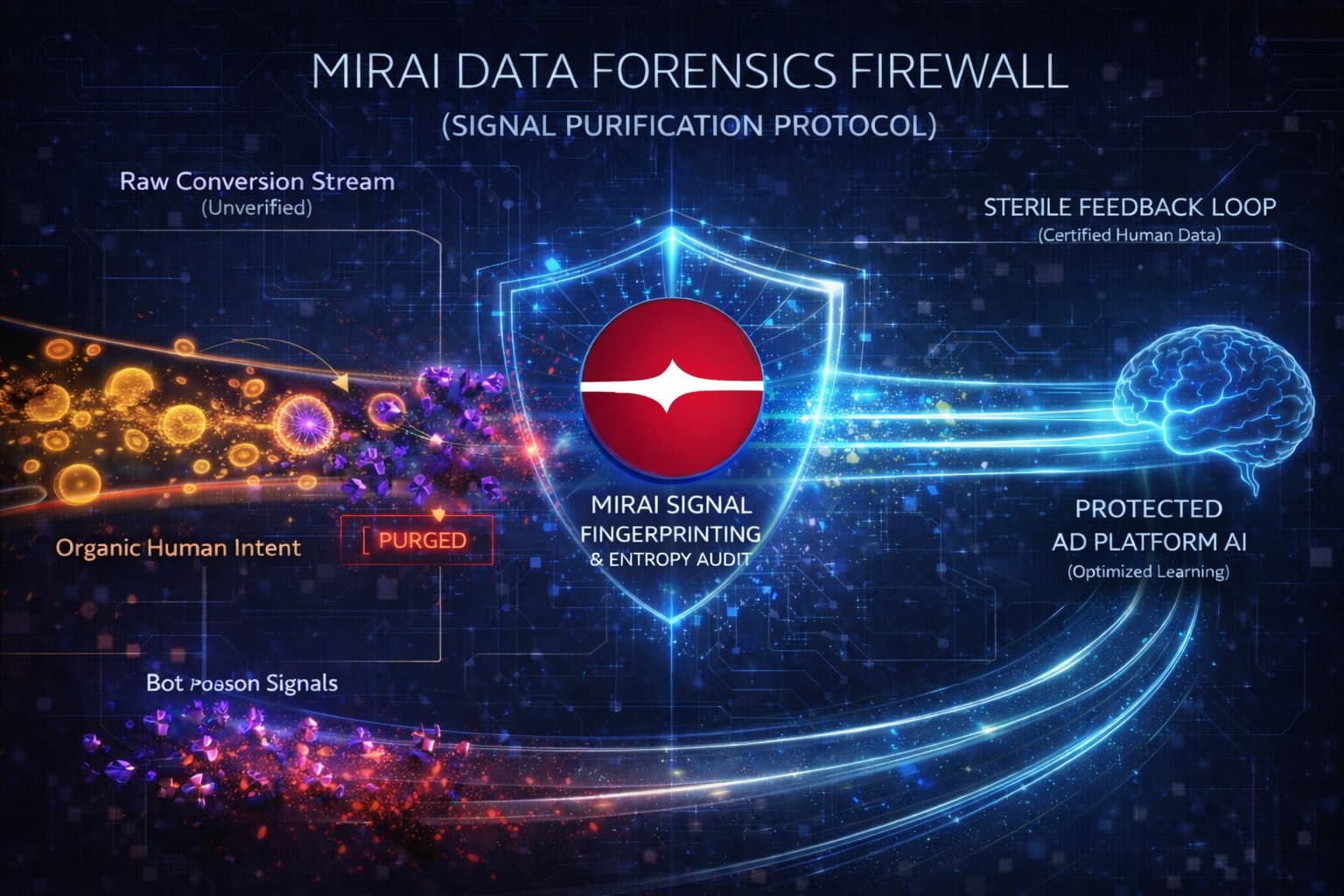 Miraiの「データ防火壁」が毒入り信号を検知し、広告プラットフォームに渡る前に遮断する仕組み。AIの学習モデルを純粋な（人間の）データのみで保護する様子を表現。