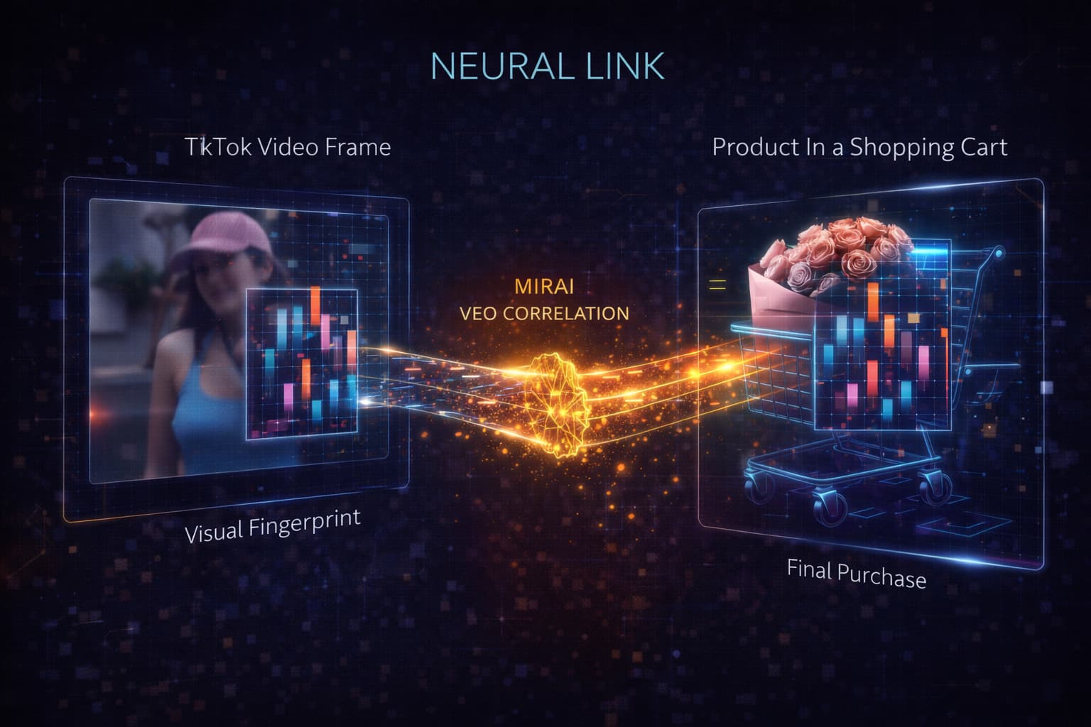 TikTokの動画フレームと最終的な購入を結びつける「神経視覚相関」の技術図。左側の動画から抽出された固有の「視覚指紋（データ化された色と形状のバーコード）」が、右側のショッピングカート内の商品データと一致するプロセスを示し、キーワードを介さないMiraiのVEO（視覚エンジン最適化）による帰属ロジックを解説。