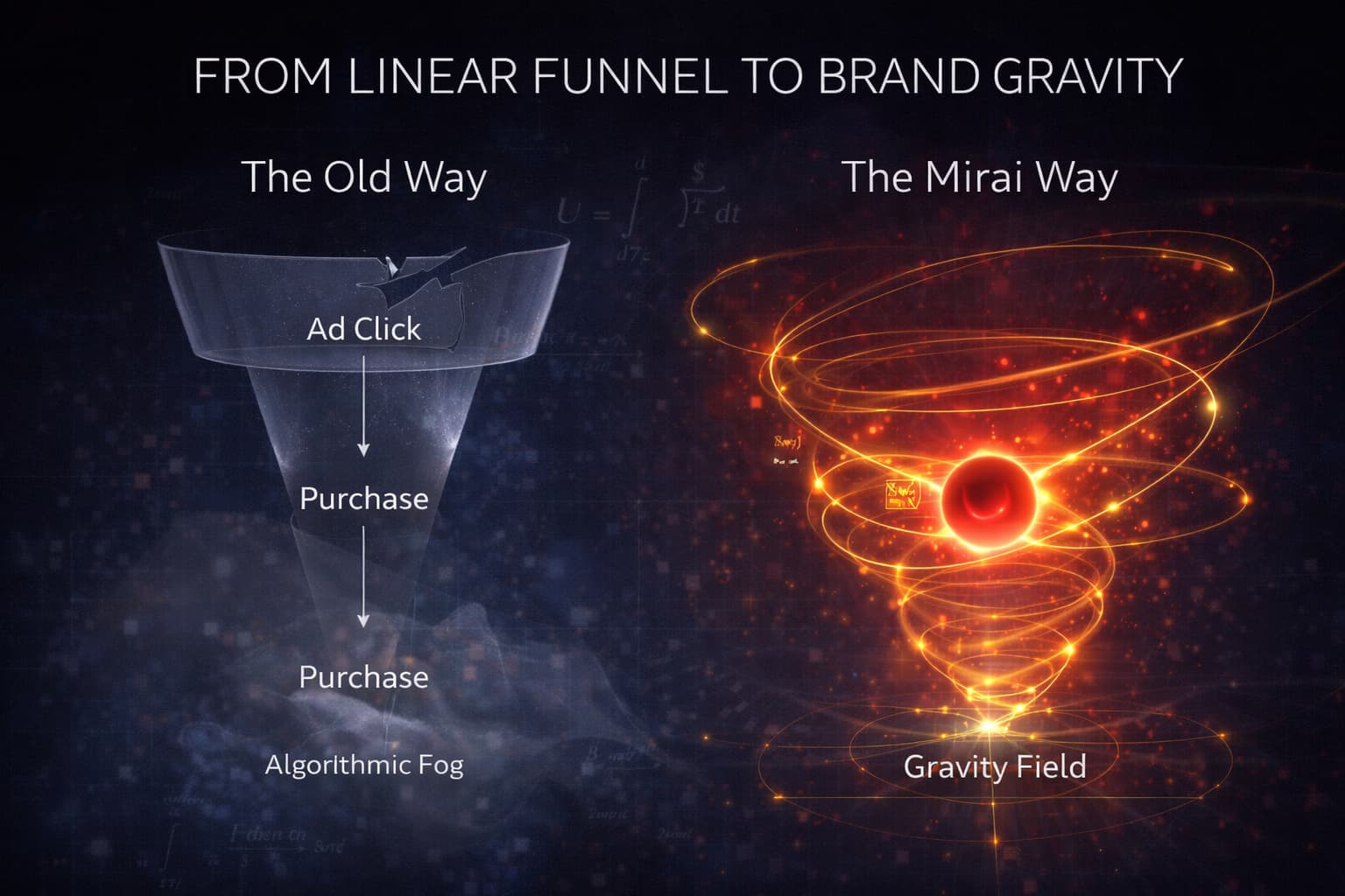 従来の「直線的な購入パス」と、Miraiが捉える「非線形なブランド重力パス」の比較。広告をクリックしない優良顧客が、いかに複数の接点を経てブランドに引き寄せられるかを表現。