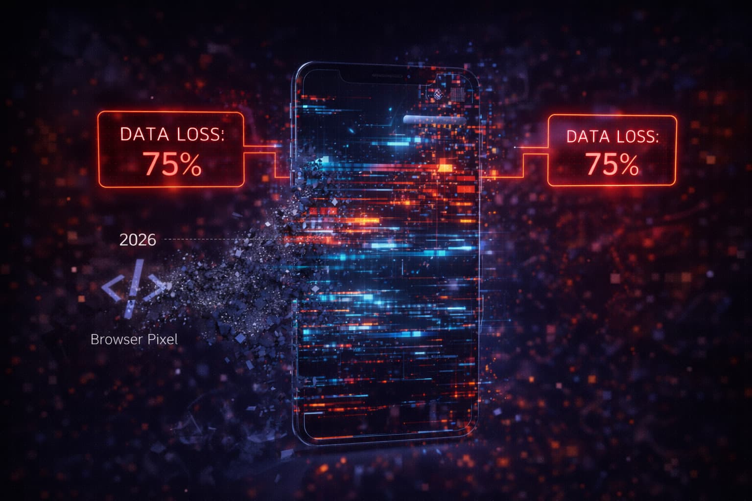 2026年のブラウザにおける「Pixel」計測の崩壊を視覚化したイメージ。データ流出率75%の警告が表示され、断片化されたデータ流と壊れたスマートフォン画面が、Cookieレス時代におけるトラッキングの限界を表現。