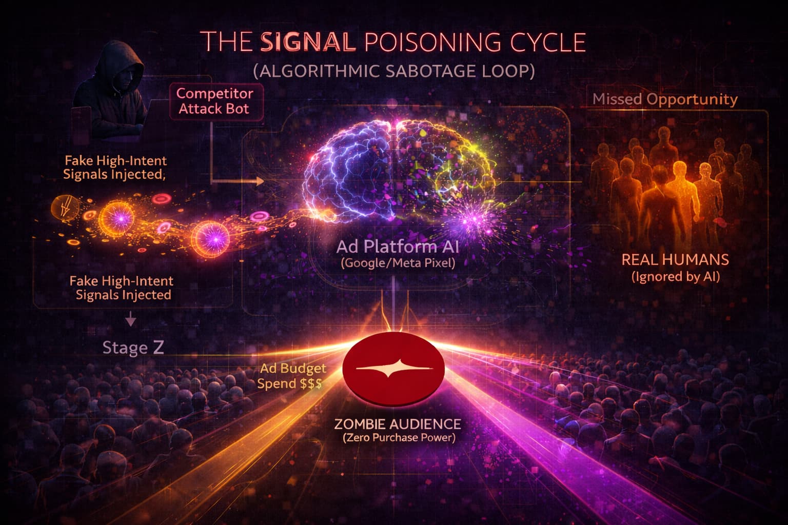 「シグナル・ポイズニング」の負の連鎖。競合のボットが偽のコンバージョンを発生させ、広告AIが誤学習し、最終的に本物の顧客ではなく無価値な層に予算が投じられるプロセスを可視化。