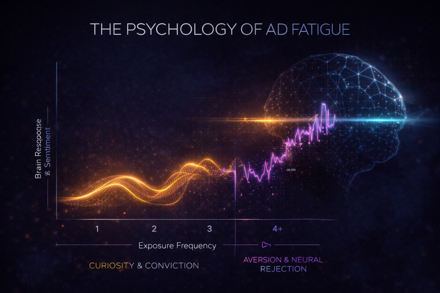 広告疲労の心理学」。接触回数が増えるにつれて、脳の反応が「好奇心」から「無視」、そして「嫌悪」へと変化するプロセスを脳科学的な視点から可視化。