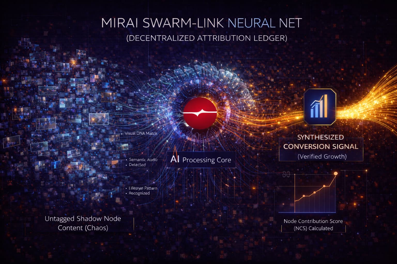 Miraiの「蜂群(スウォーム)リンク」ダッシュボード。無数に分散した動画やライブ配信が、どのように一つのコンバージョン信号に収束していくかをニューラルネットワークのようなグラフで表現。