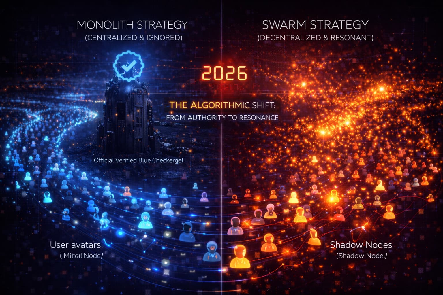 従来の「公式アカウント(モノリス)」と、Miraiが推奨する「蜂群(スウォーム)」型マーケティングの比較。一つの巨大な塔がユーザーに避けられる一方で、無数の小さな「光の点(ノード)」が有機的にユーザーを包み込み、アルゴリズムを多点突破する様子を可视化。