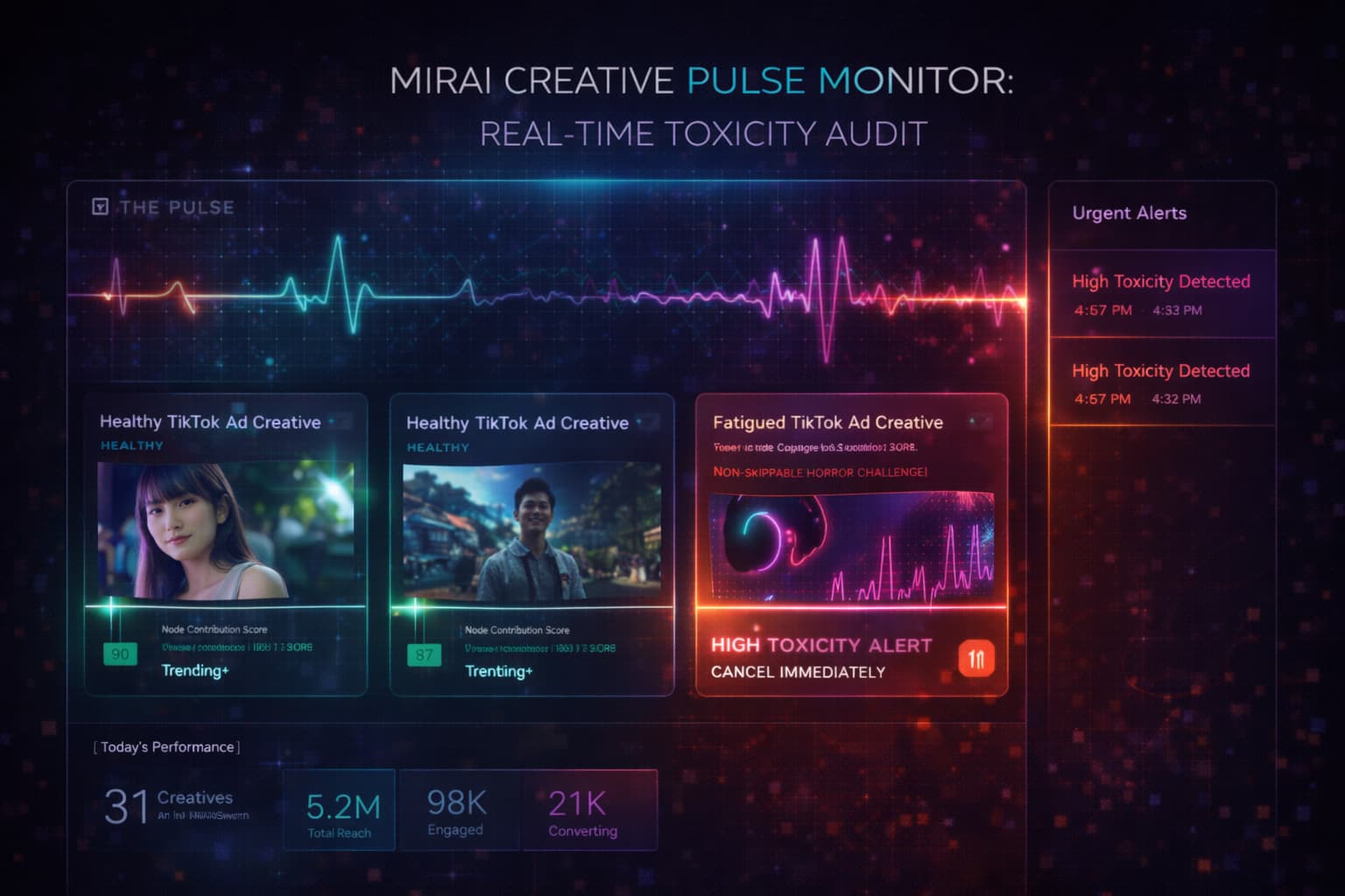 Miraiの「クリエイティブ脈拍」ダッシュボード。素材の鮮度、スキップ速度、感情的反応を統合し、素材を停止すべき「賞味期限」をリアルタイムで警告するUI画面。