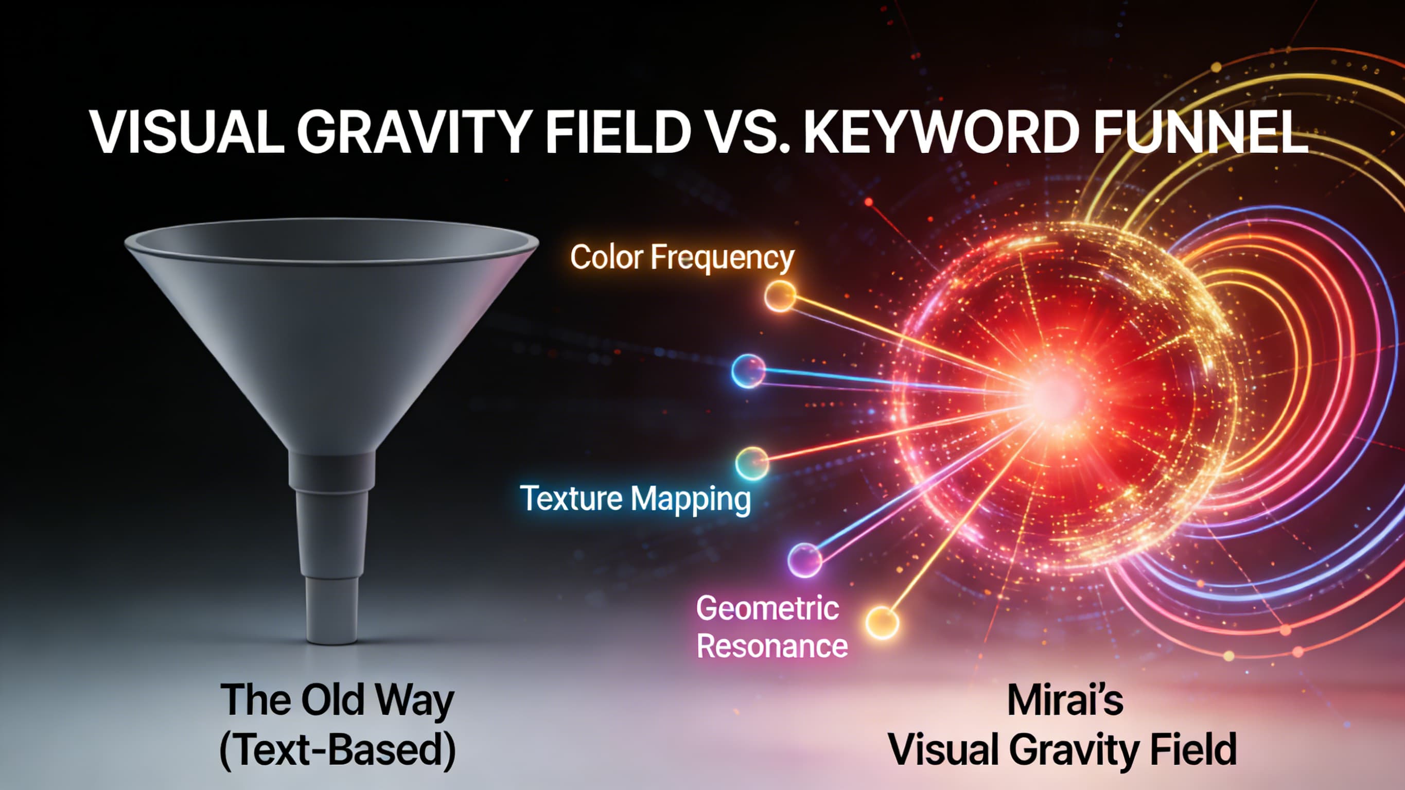 従来の「キーワード・ファネル」とMiraiの「視覚重力場」の比較図。左側の硬直したグレーの線形ファネルに対し、右側ではMiraiが色彩周波数、テクスチャ・マッピング、幾何学的共鳴などの視覚要素を引力の核（コア）として捉え、ユーザーを非線形に引き寄せる次世代の計測モデルを可視化。
